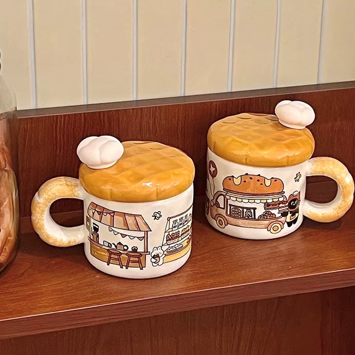 Bread truck cat ceramic mug with bread-shaped lid and gradient handle, 420ML capacity