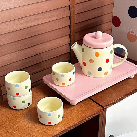 Colorful Polka Dot Tea Set Gift Box – 1 Teapot & 4 Cups with Wooden Tray, Perfect for Gifting