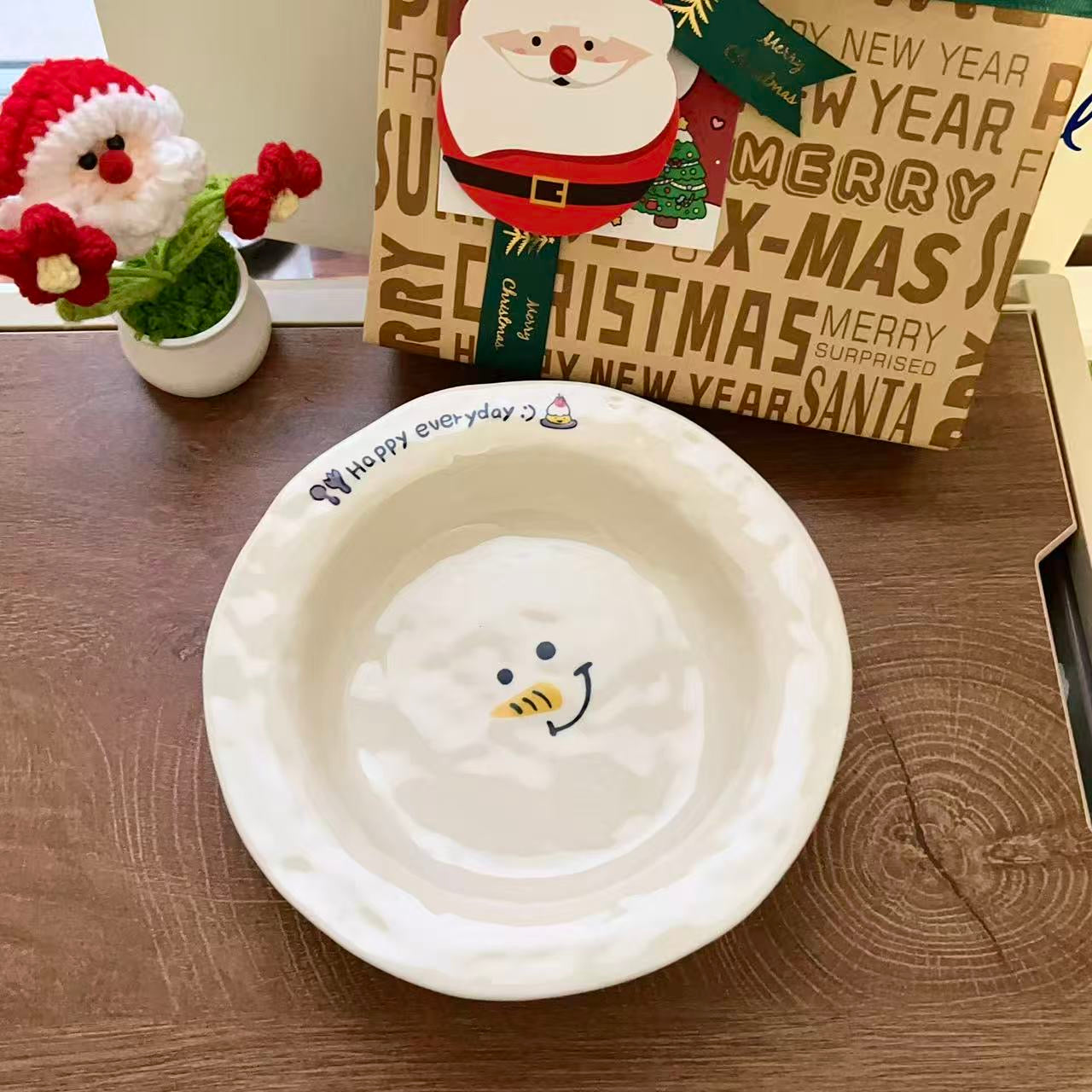 Cute Snowman Ceramic Deep Plate, 8.1-Inch | Christmas Gift