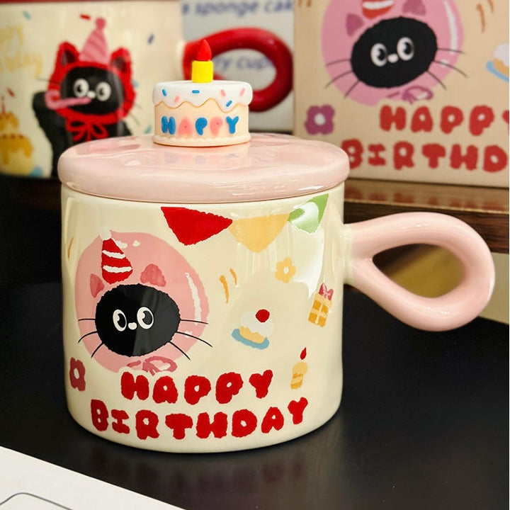 Birthday Cake Cat Ceramic Mug – 350ml with Lid – Perfect Birthday Gift