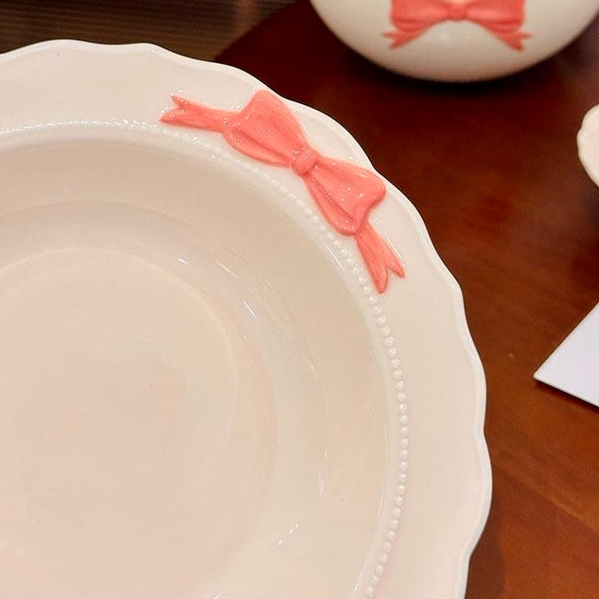 Pink Bow Ceramic Deep Plate | Elegant Embossed Design | Microwave & Dishwasher Safe