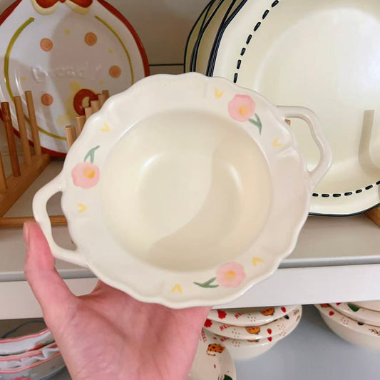 Creamy White Floral Ceramic Bowl with Handles, 250ML