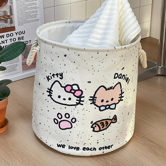 Creamy White Kitty Linen Storage Bag - Foldable, Water-Resistant, Durable for Clothes and Toys