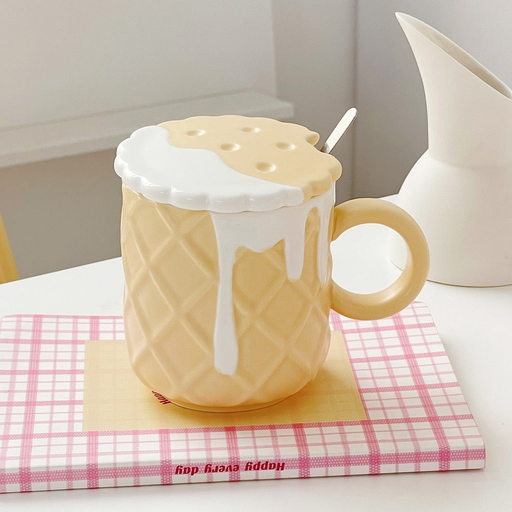 Ice Cream Cone Ceramic Mug with Cookie Lid and Spoon | 420ML Large Capacity