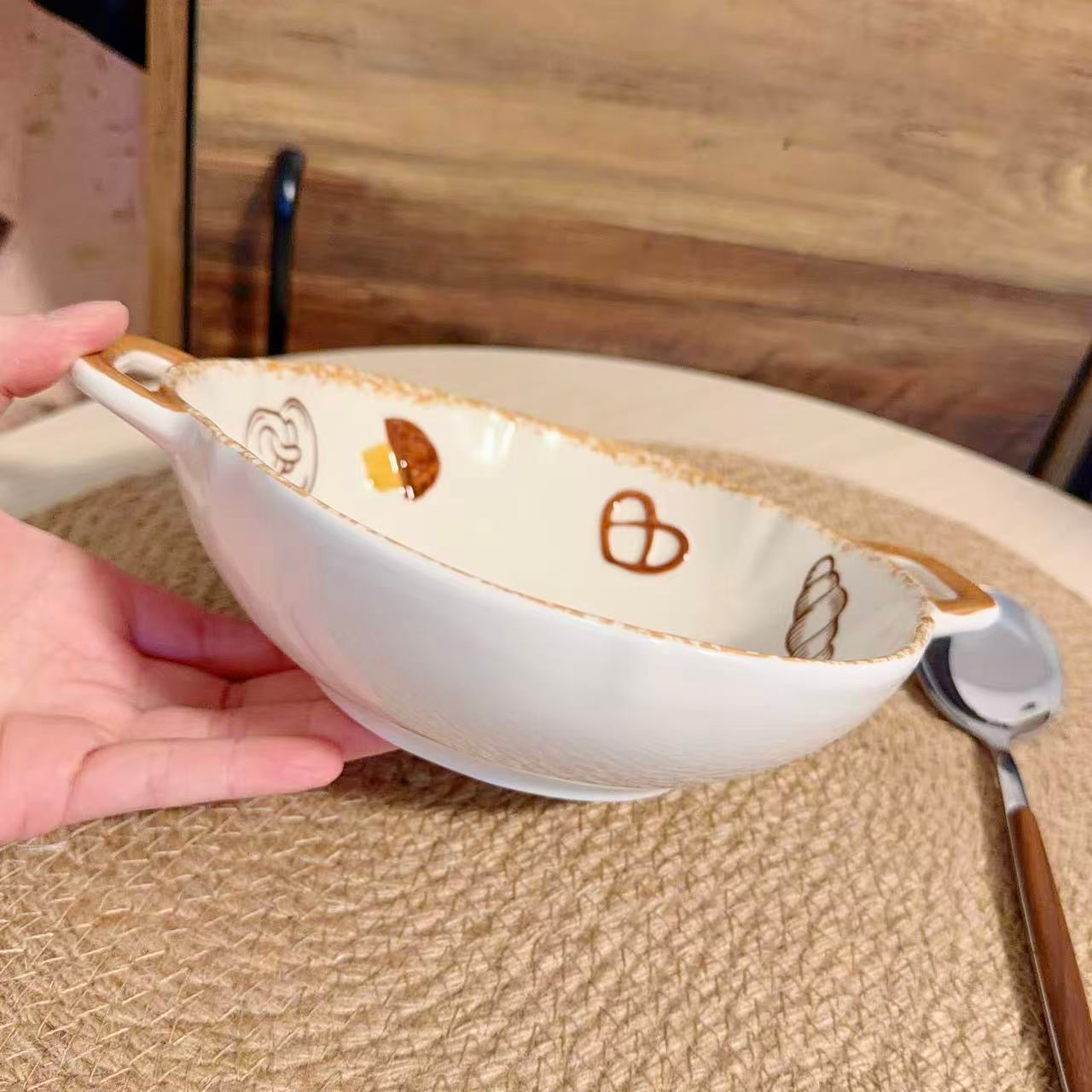 Bakery Theme Ceramic Double-Handle Bowl - 600ML