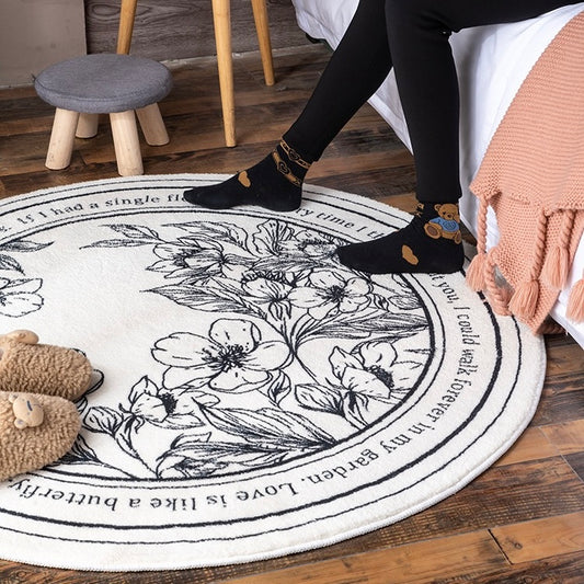 Minimalist Floral Plush Bedside Rug | Ultra-Soft 100x100cm Round Carpet