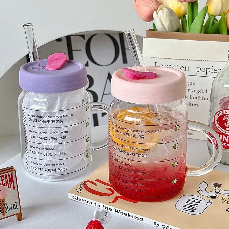 Time-Marked Glass Cup with Lid and Straw, 800ML Capacity