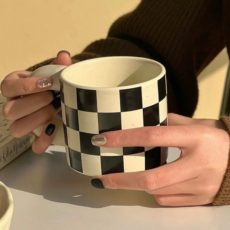 Checkerboard Ceramic Coffee Mug, 300ML Capacity