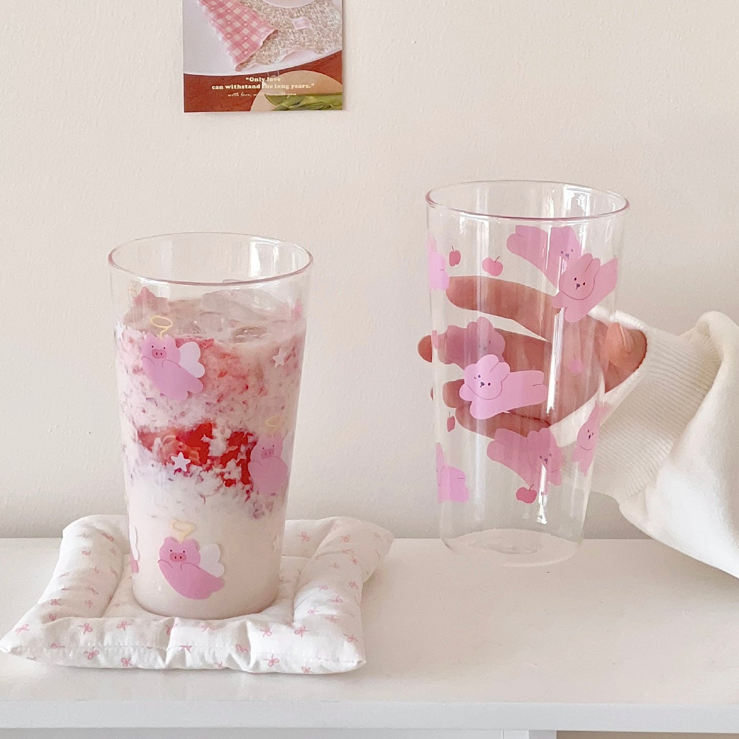 Pink Pig & Bunny Tall Glass Cup – 450ML Capacity