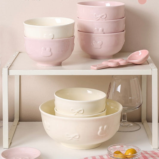 Embossed Bunny Ceramic Dinnerware Set | Pastel Pink & Cream White Tableware