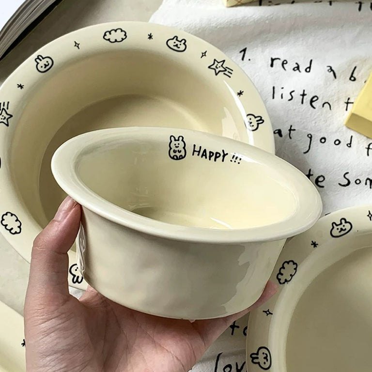 Creamy Doodle-style Ceramic Bowl - 330ML & 730ML