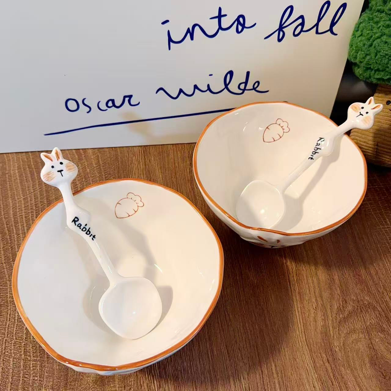 Hand-Painted Rabbit Ceramic Yogurt Bowl with Spoon - 400ML