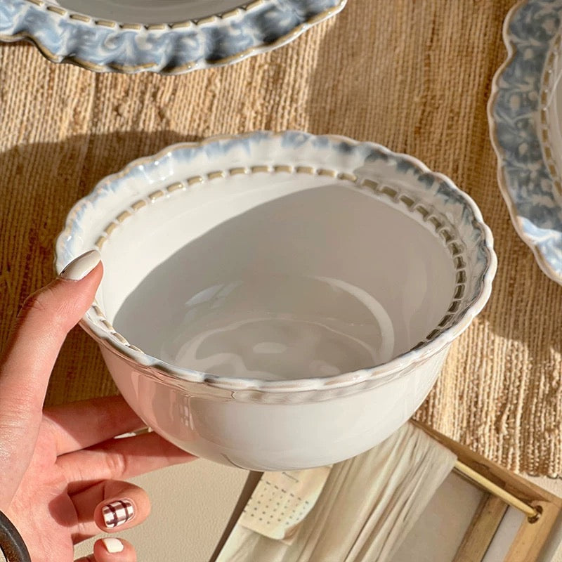 Vintage Smoky Blue Series Dinnerware Set – Rustic Ceramic Plates & Bowls
