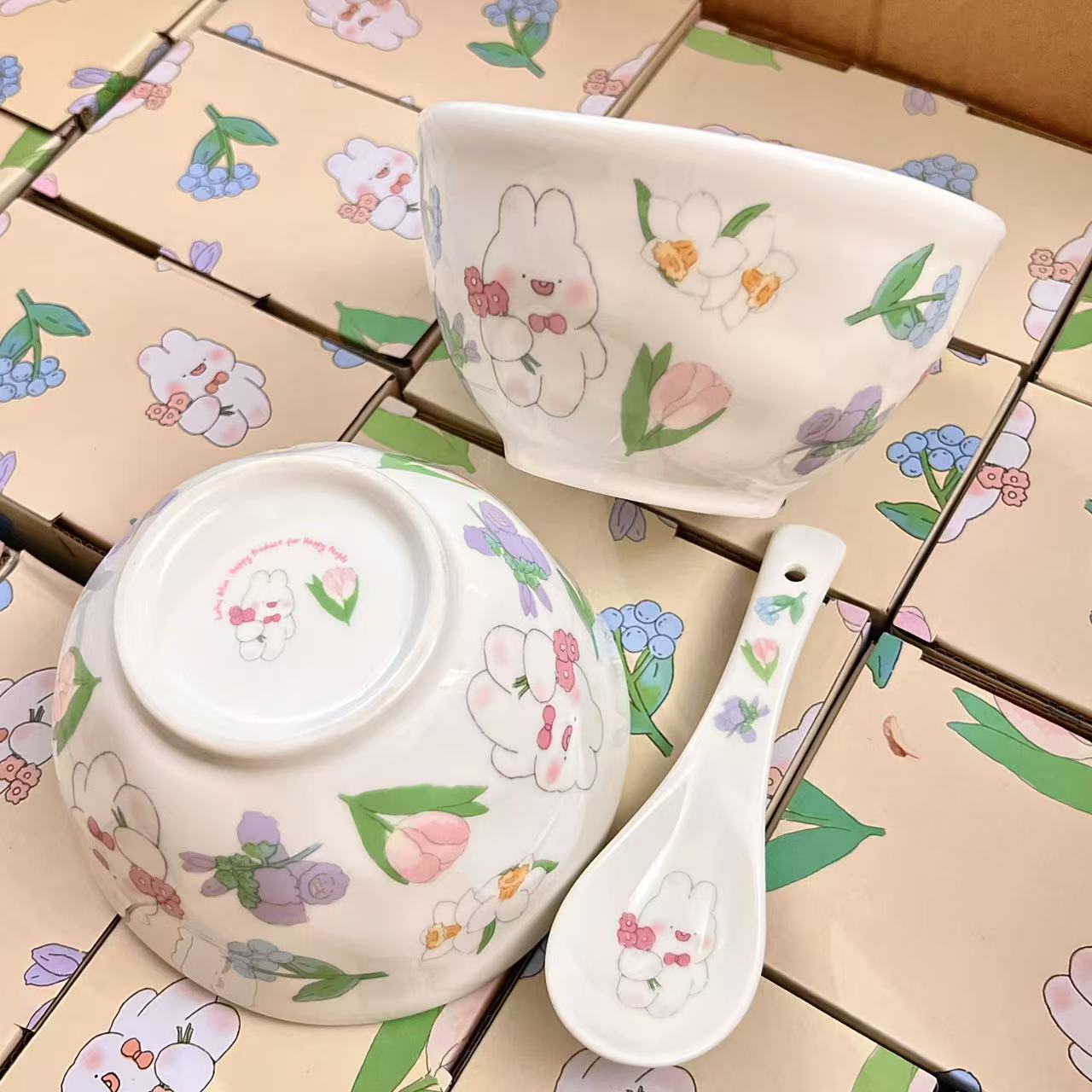 Handcrafted Bunny Ceramic Bowl & Spoon Set – 5.3” with Gift Box