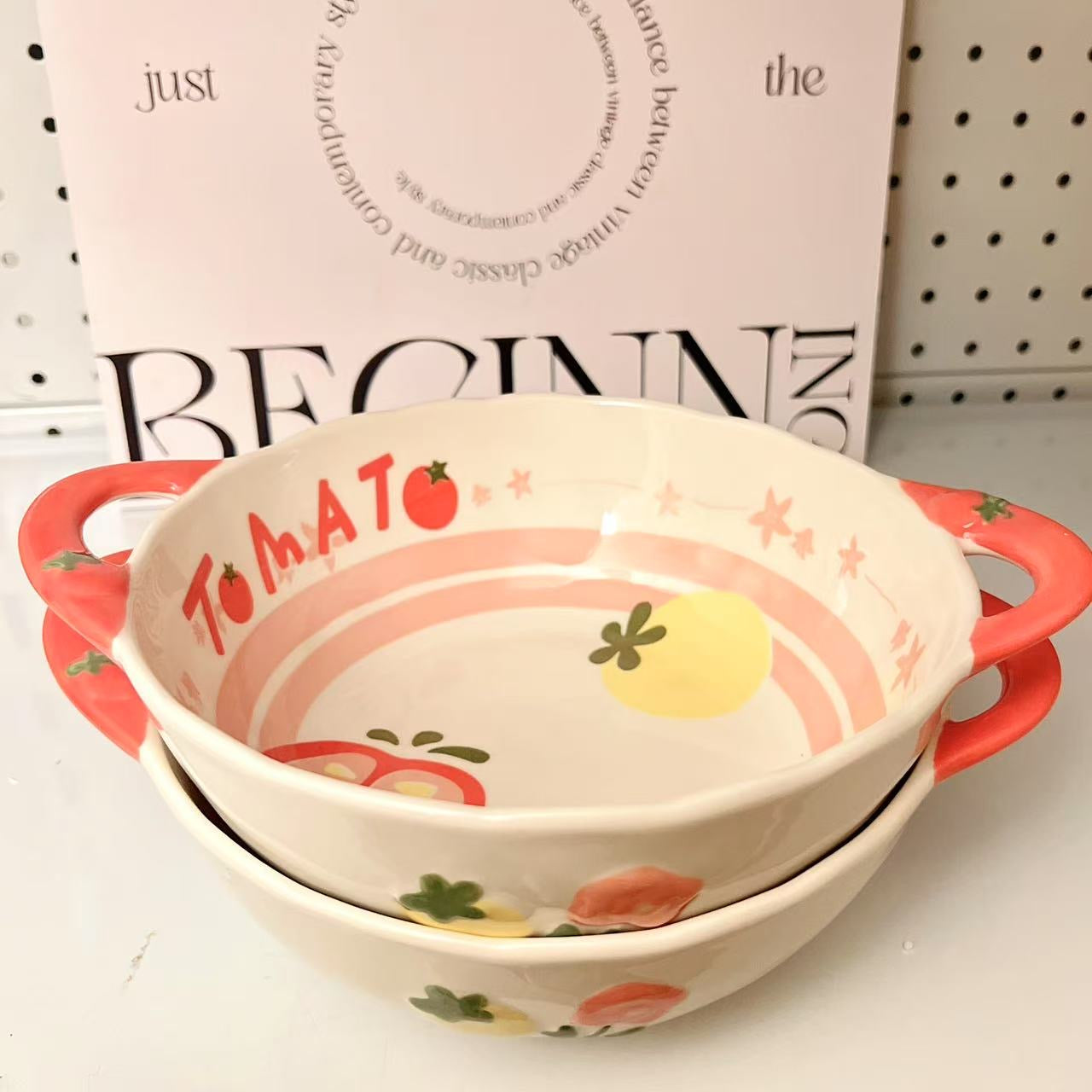 Tomato Double-Handle Ceramic Bowl | Adorable Ramen & Salad Bowl, 1050ML Large Capacity