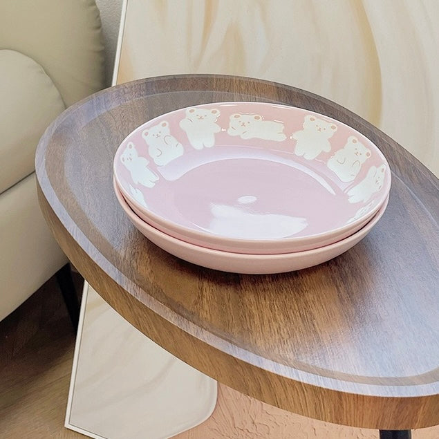 Pink Bear Ceramic Plate | 8-Inch Matte Bear Design, Perfect for Saucy Dishes