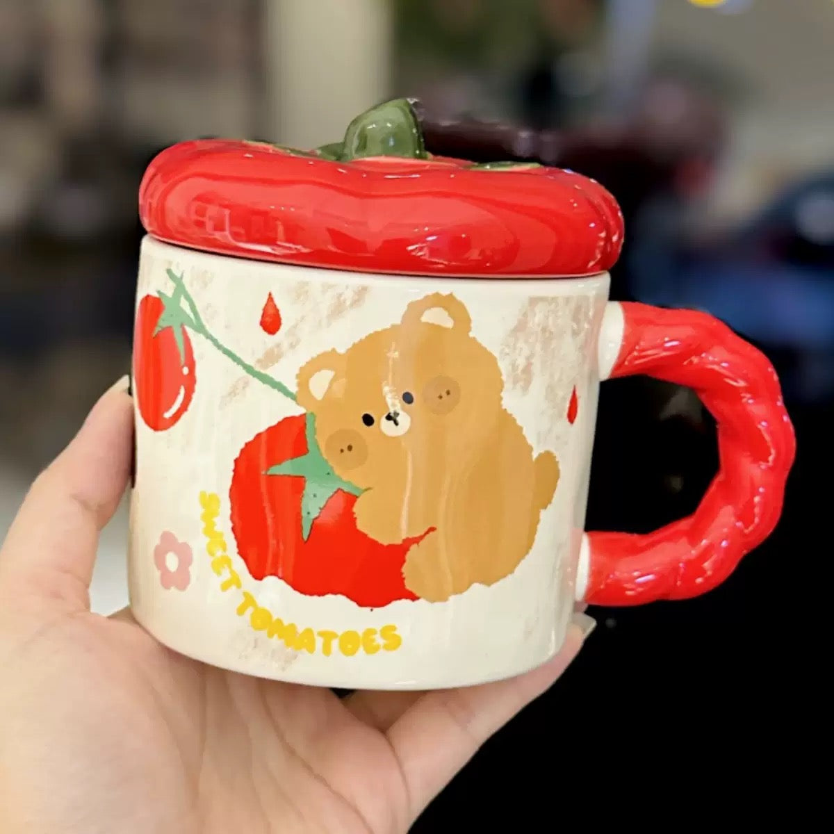 Tomato Lid Ceramic Mug with Cute Animal Design – 350ML
