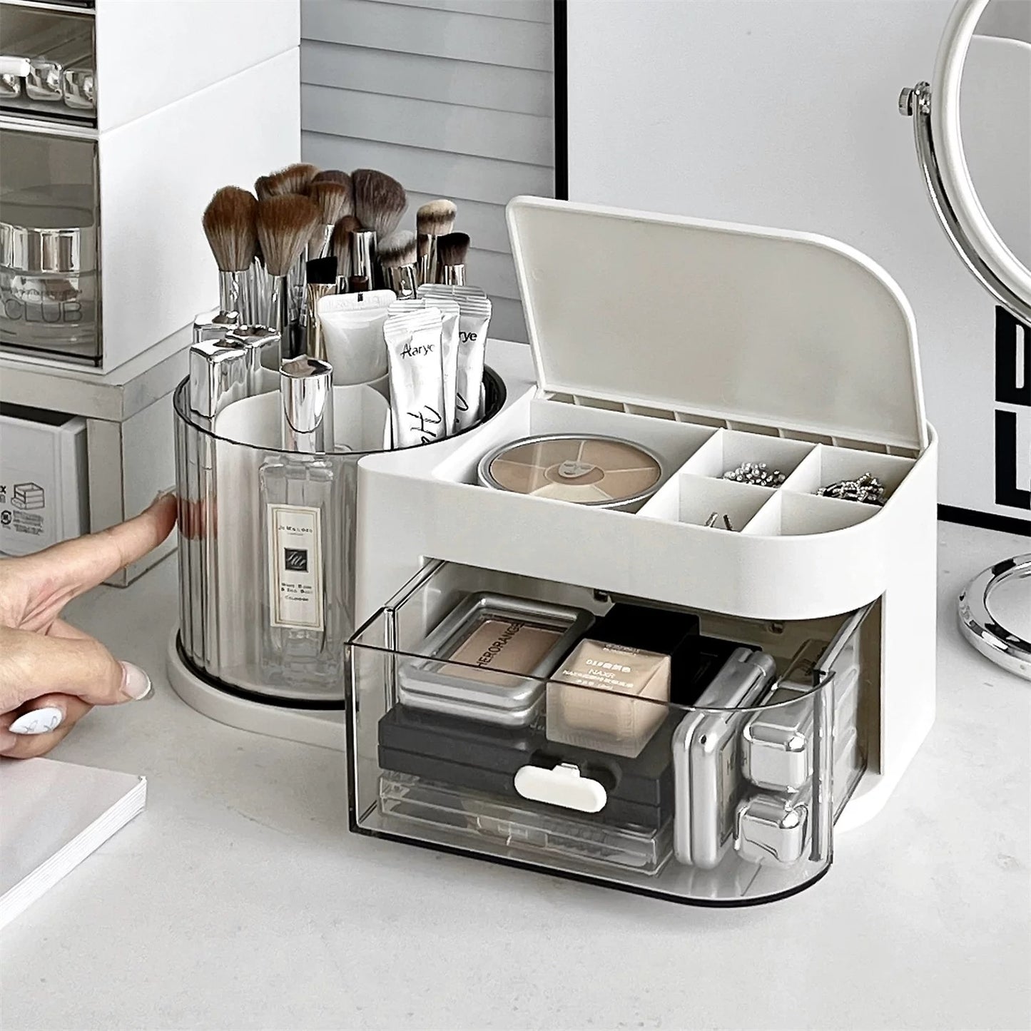 Space-Saving Cosmetic Storage Box with Jewelry Drawer and Rotating Brush Holder