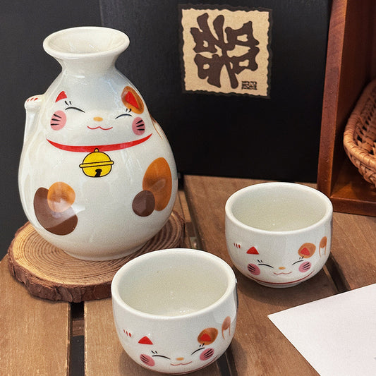 Lucky Cat Ceramic Sake Set - Japanese Gift Packaging
