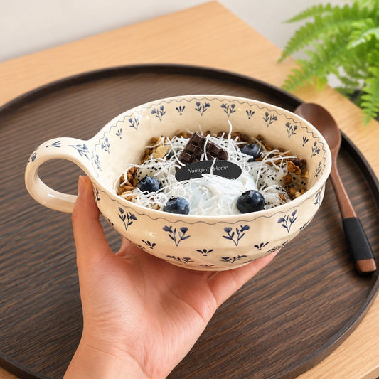 Cottage-Style Blue Floral Ceramic Bowl with Handle - 600ML