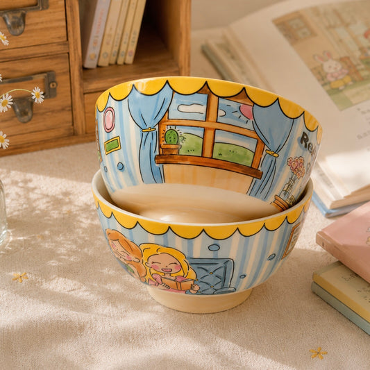 Cozy Reading Girls Cute Ceramic Bowl 600ML - Vintage Kawaii Illustrated - Wuli Home