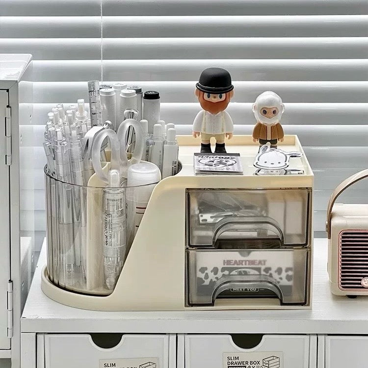 Cream-Colored Rotating Pen Holder with Storage Drawers - 360-Degree Spin, Desk Organizer