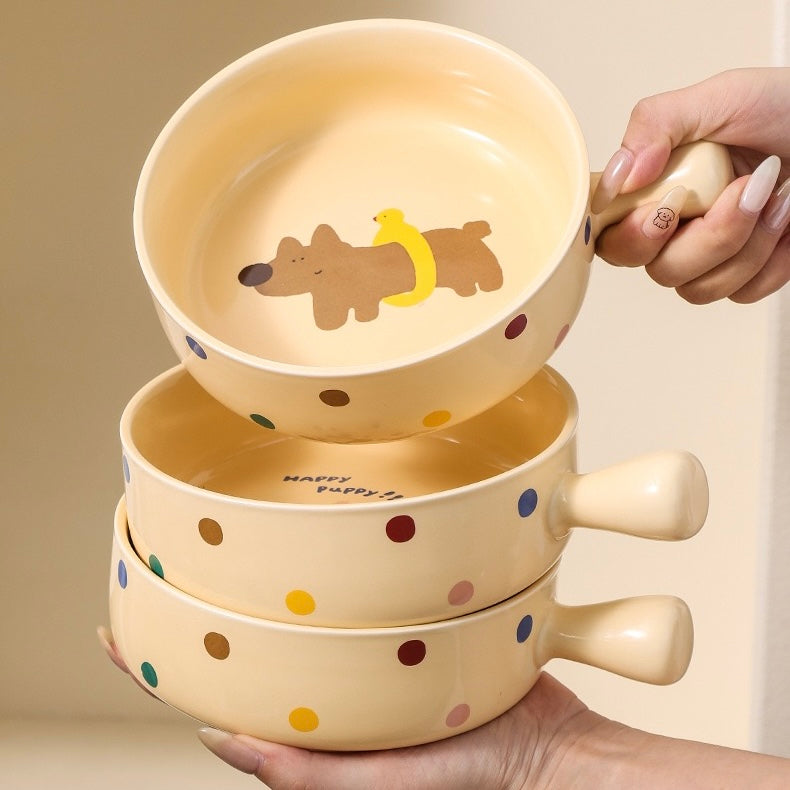 Creamy Dog Series Baking Dish with Handle - Multi-Functional Ceramic Bowl