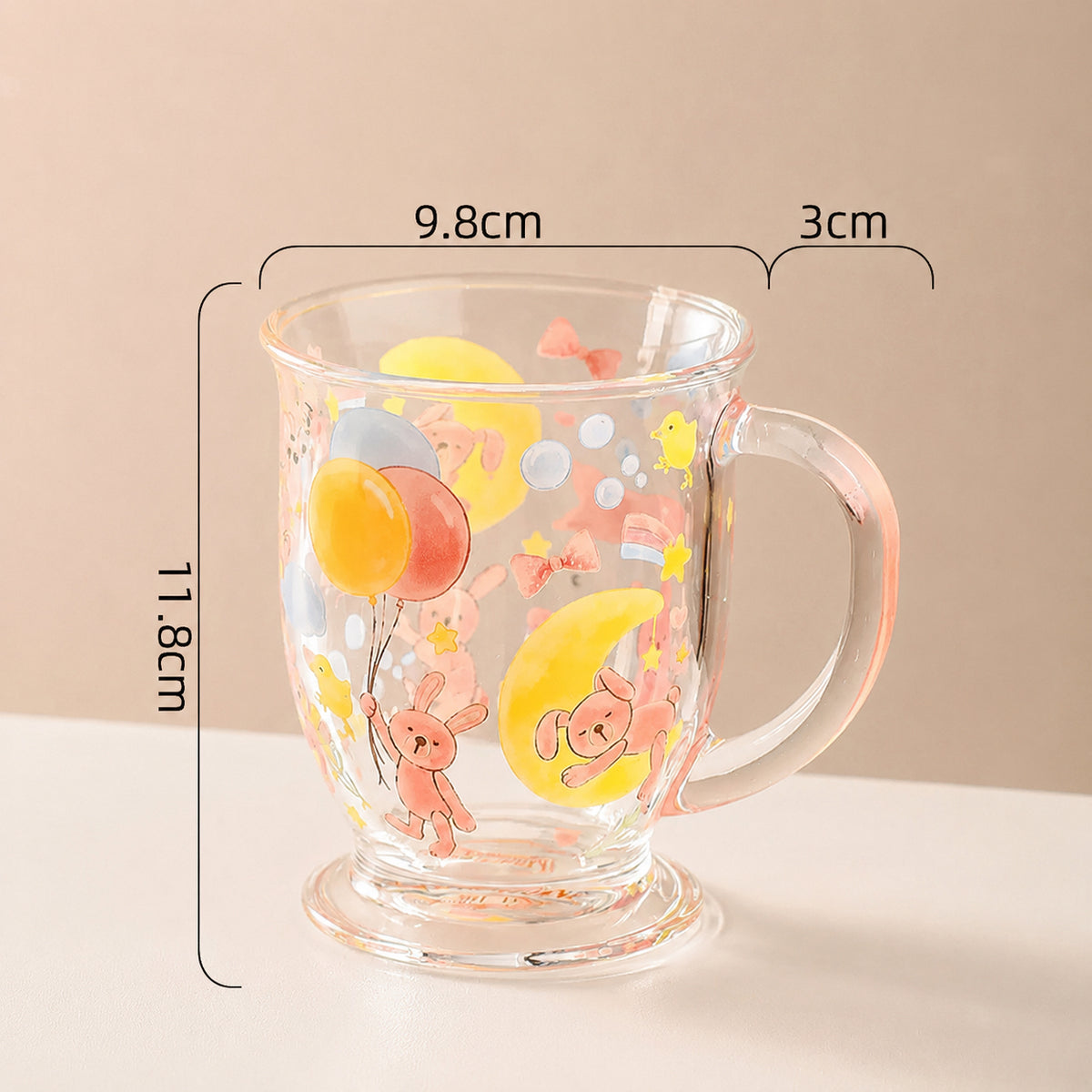 Doodle & Balloon Bunny Glass Mug with Handle – 460ML