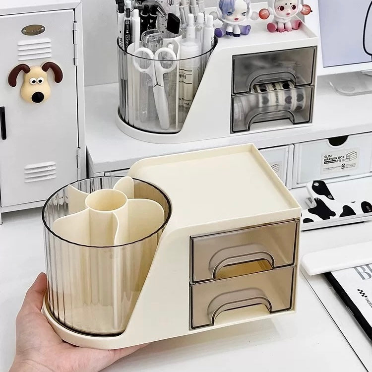 Cream-Colored Rotating Pen Holder with Storage Drawers - 360-Degree Spin, Desk Organizer
