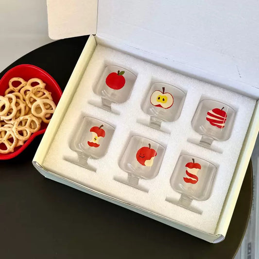 Cute Red Apple Glass Soju Shot Cup Gift Set - Set of 6, 50ML