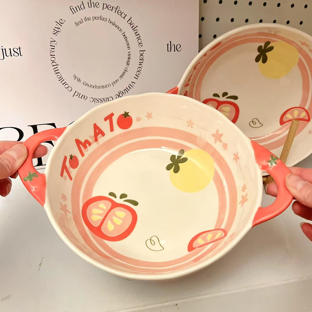 Tomato Double-Handle Ceramic Bowl | Adorable Ramen & Salad Bowl, 1050ML Large Capacity
