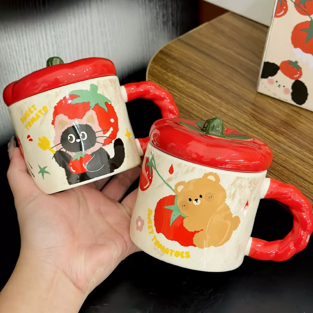 Tomato Lid Ceramic Mug with Cute Animal Design – 350ML