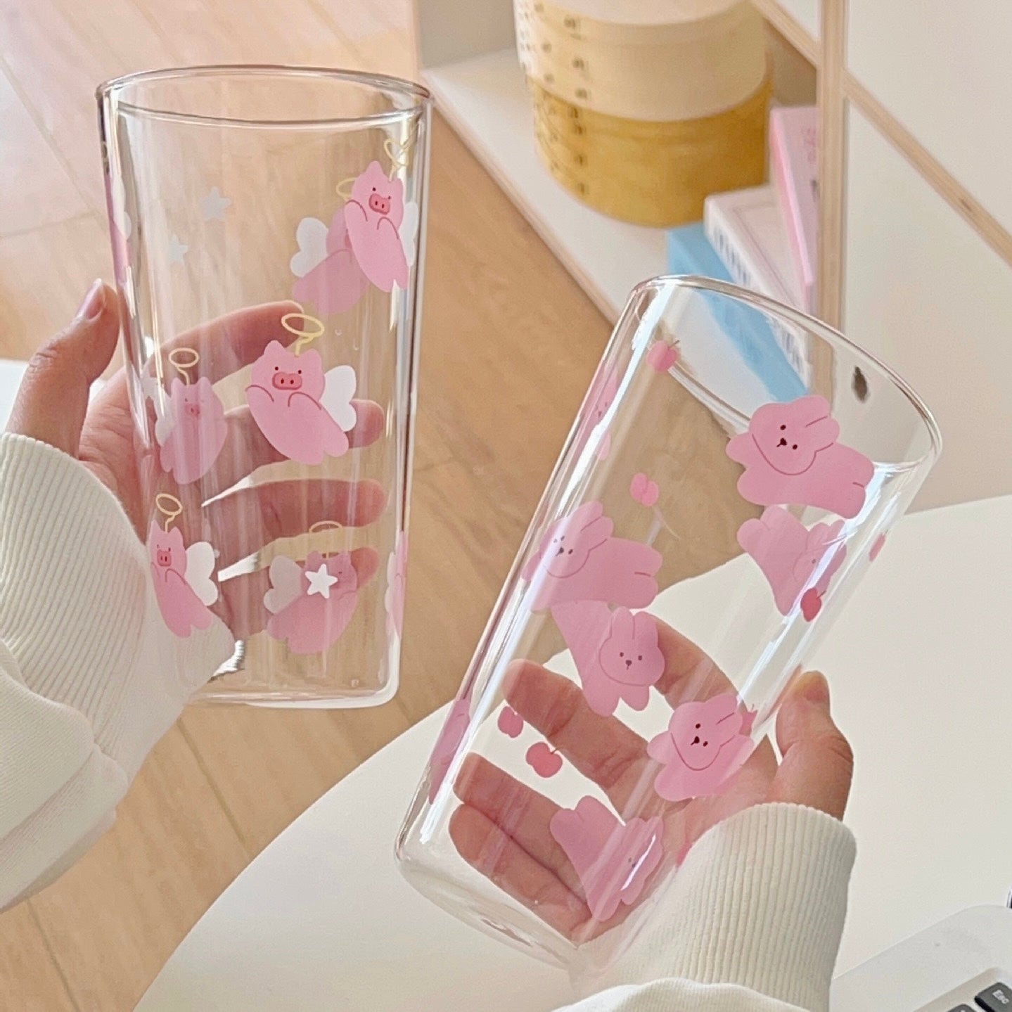 Pink Pig & Bunny Tall Glass Cup – 450ML Capacity