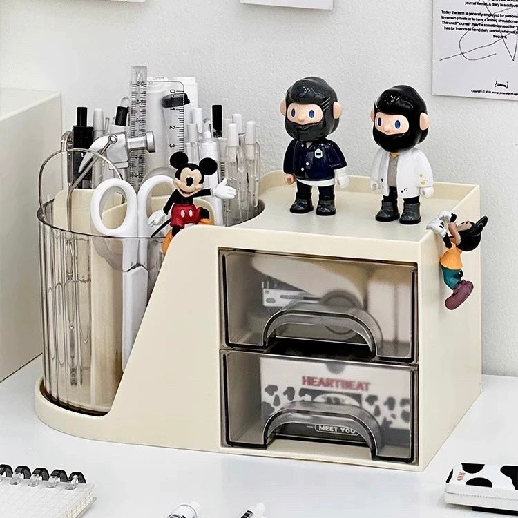 Cream-Colored Rotating Pen Holder with Storage Drawers - 360-Degree Spin, Desk Organizer