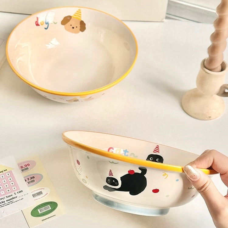 Cat & Dog Party Ceramic Ramen Bowl – 1000ML