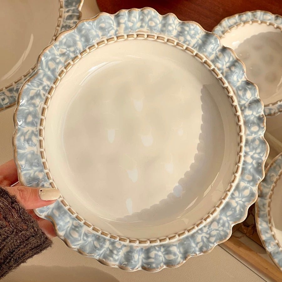 Vintage Smoky Blue Series Dinnerware Set – Rustic Ceramic Plates & Bowls