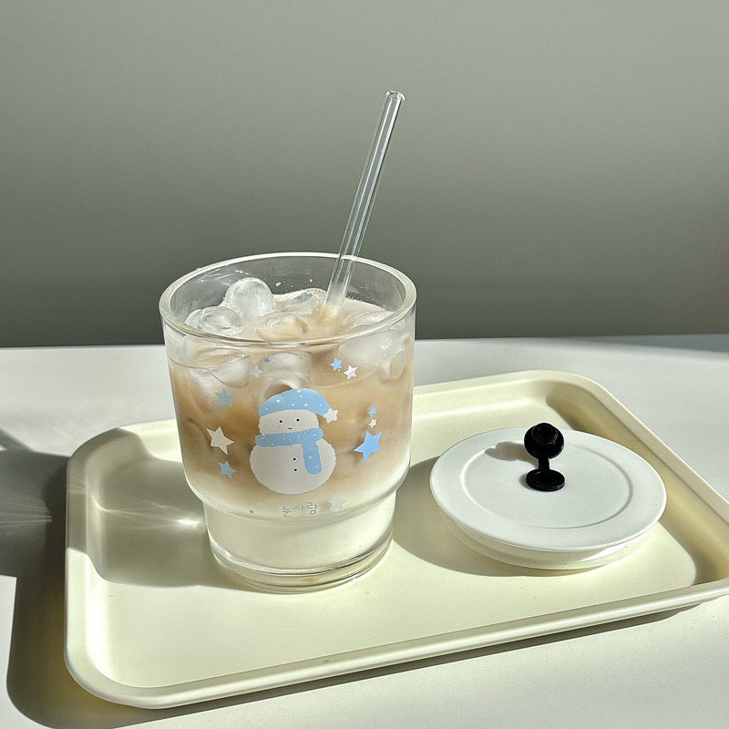 Cute Snowman Glass Cup with Straw – 350ML Capacity