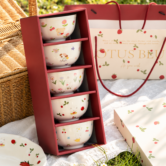 Bunny & Floral Ceramic Bowl Gift Set – 350ML, Set of 5