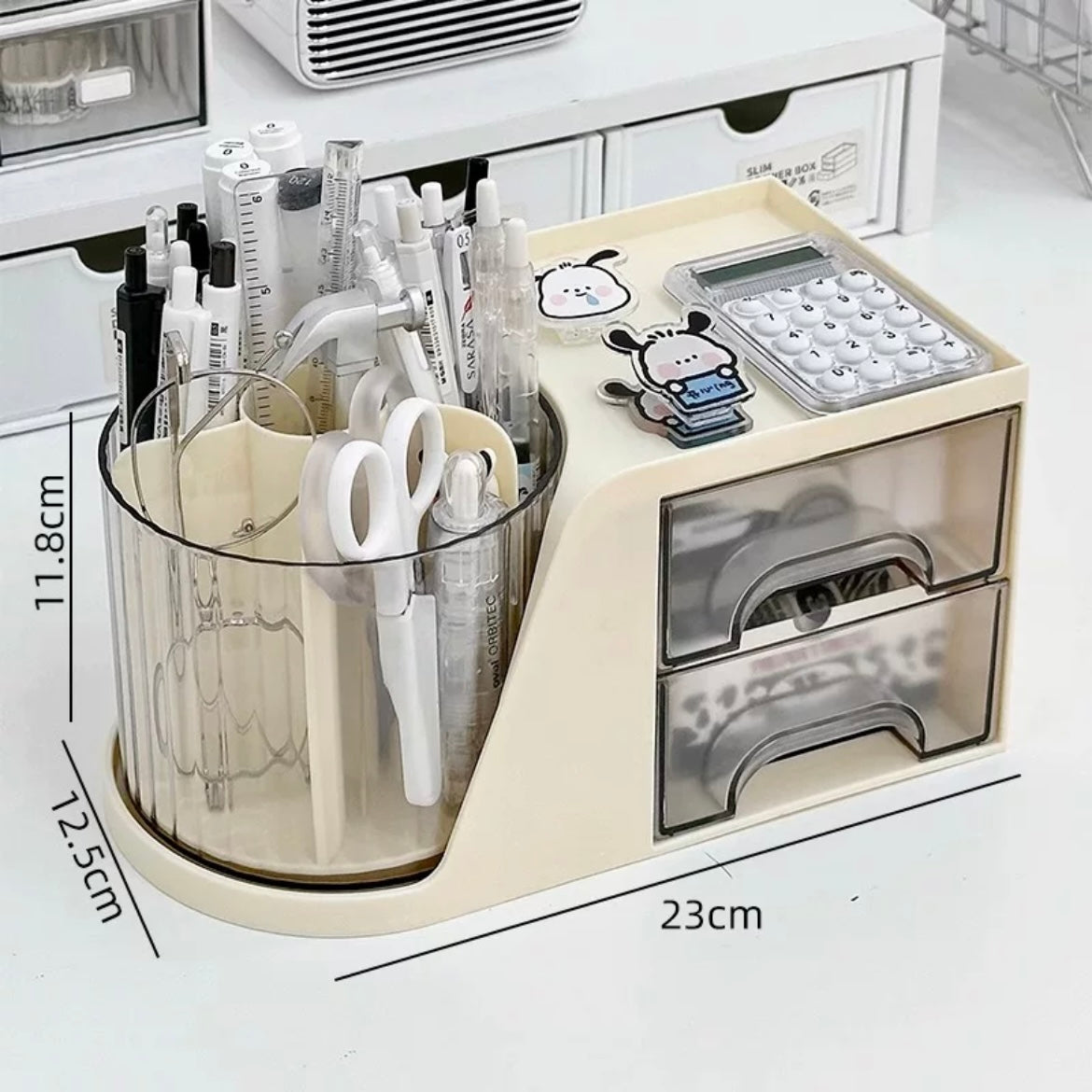 Cream-Colored Rotating Pen Holder with Storage Drawers - 360-Degree Spin, Desk Organizer