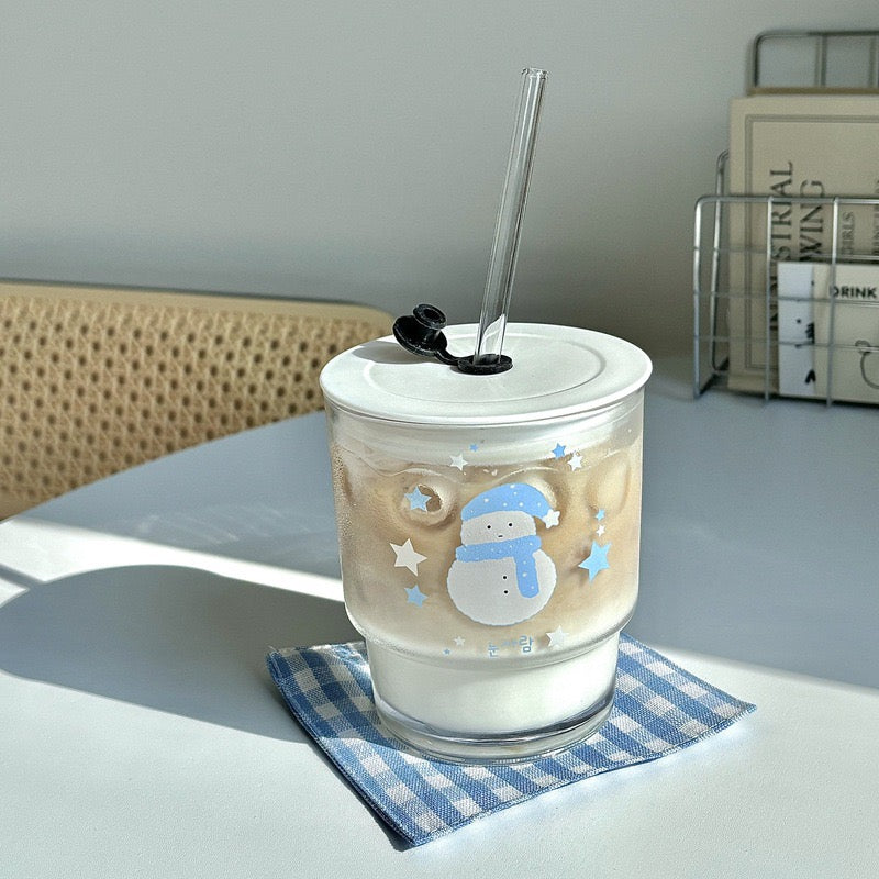 Cute Snowman Glass Cup with Straw – 350ML Capacity | Ideal for Coffee and Juice