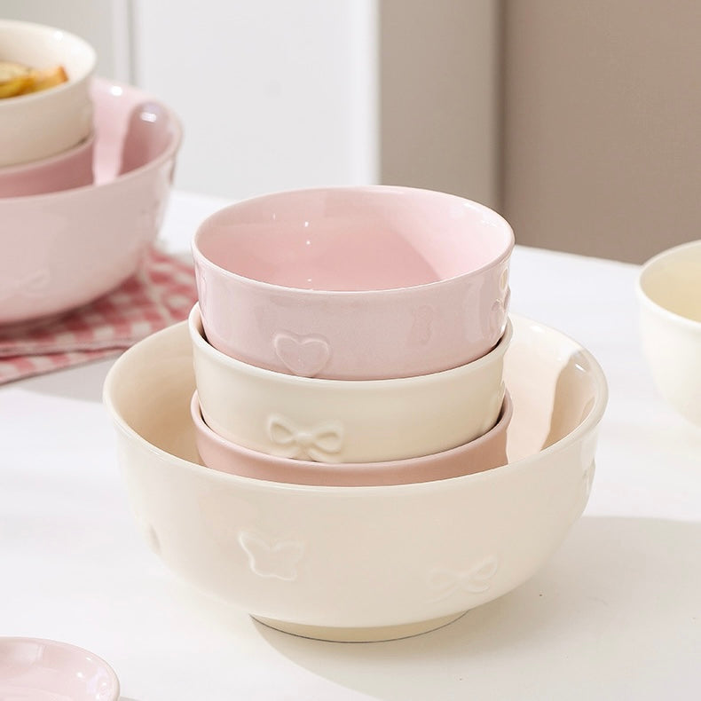 Embossed Bunny Ceramic Dinnerware Set | Pastel Pink & Cream White Tableware