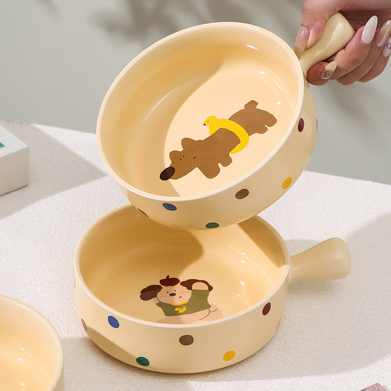 Creamy Dog Series Baking Dish with Handle - Multi-Functional Ceramic Bowl