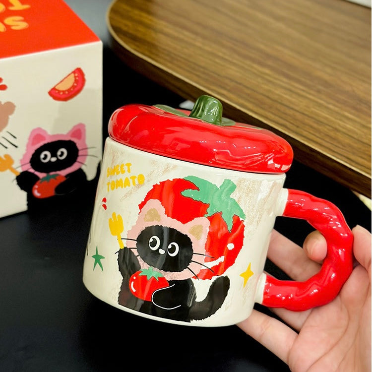 Tomato Lid Ceramic Mug with Cute Animal Design – 350ML