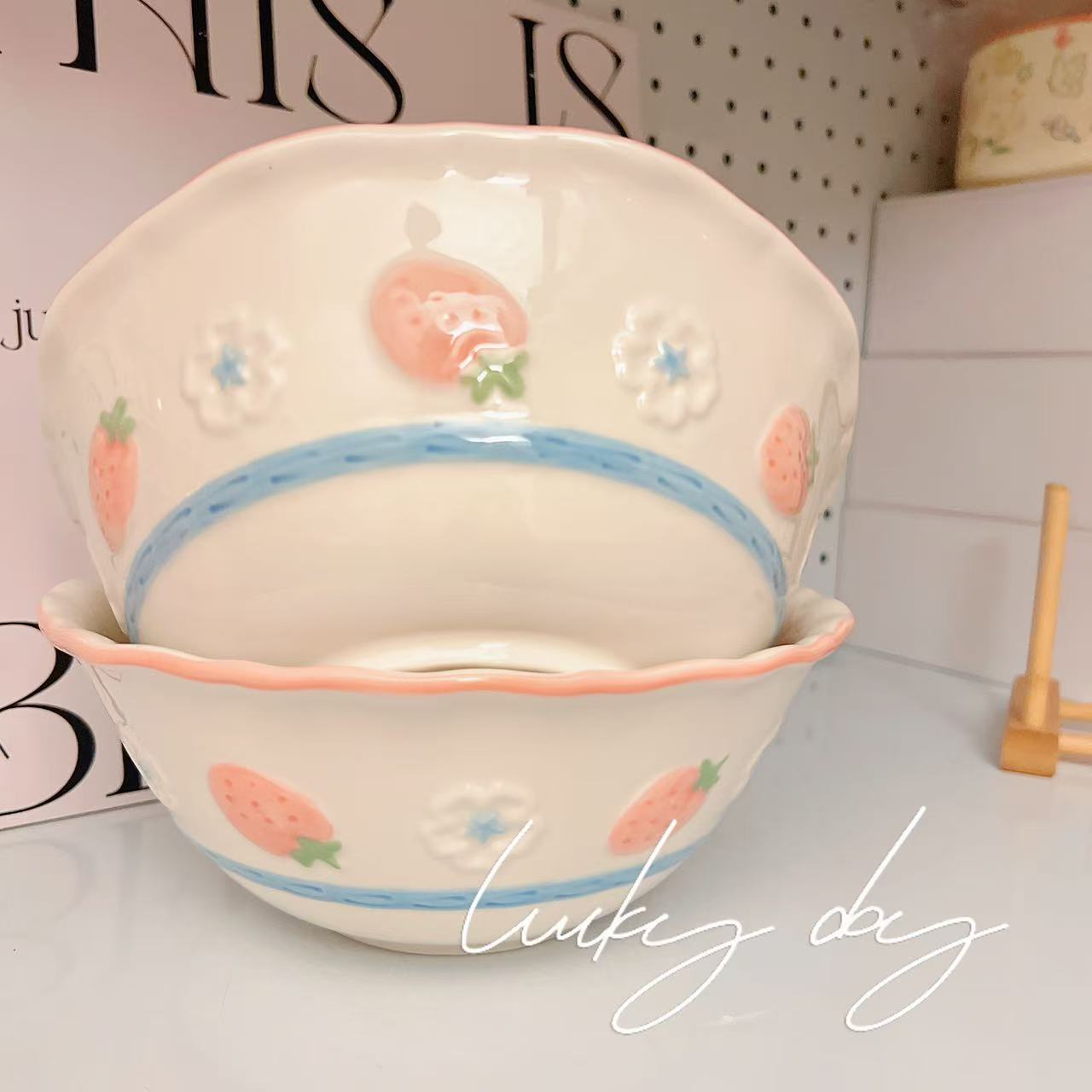 Pink Strawberry Ceramic Large Soup Bowl – 1100ML Capacity