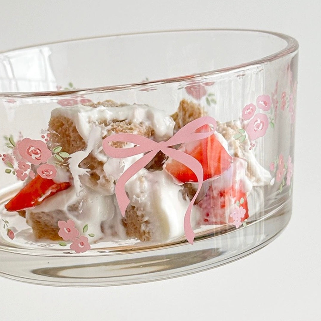 Glass Yogurt Bowl with Handle - Charming Design with Pink Flowers and Bows, Ideal for Yogurt and Salads
