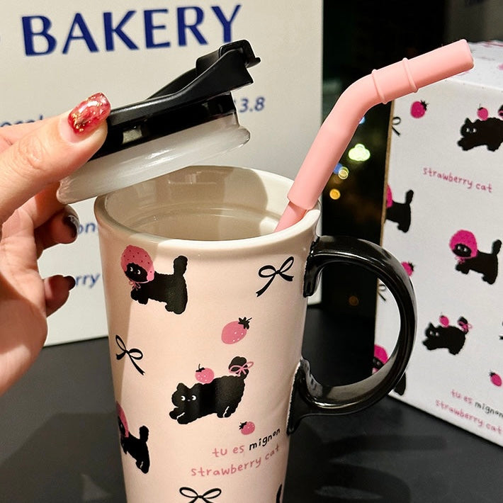 Black Cat Ceramic Cup with Lid & Straw – 520ML