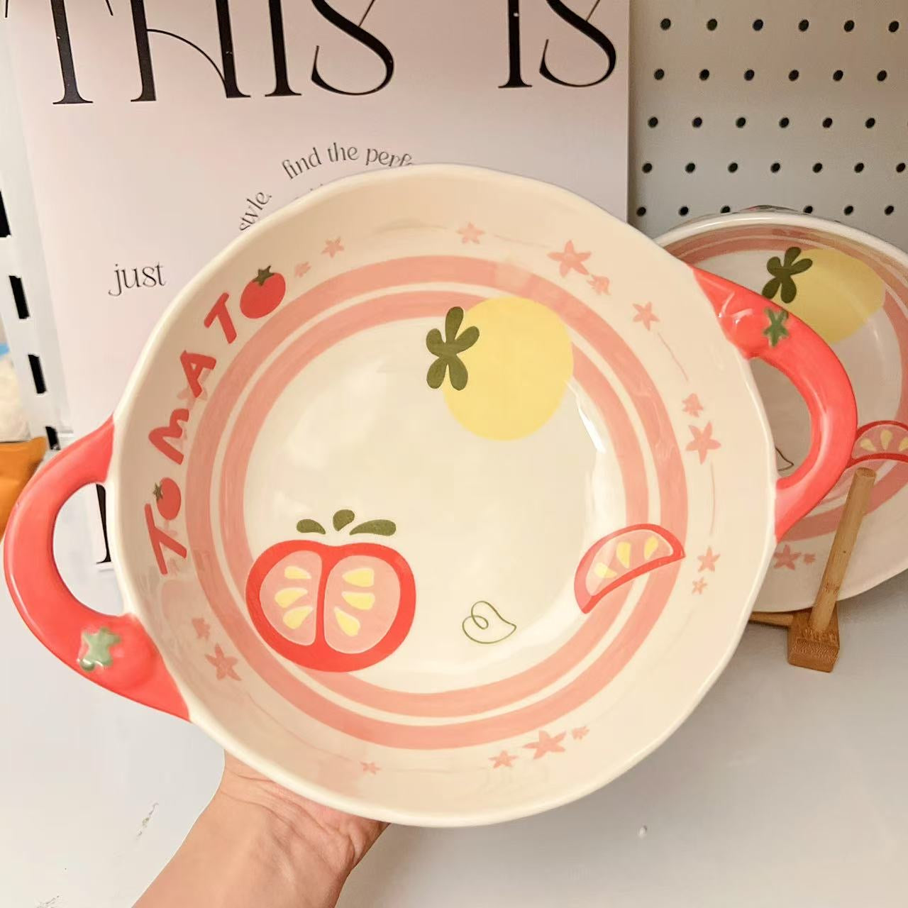 Tomato Double-Handle Ceramic Bowl | Adorable Ramen & Salad Bowl, 1050ML Large Capacity