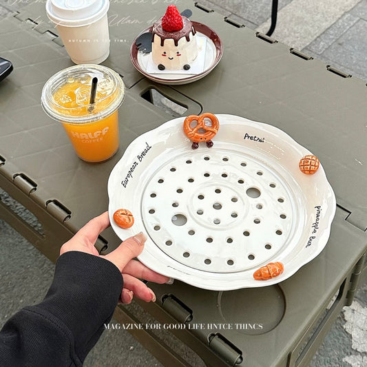 Hand-Painted 3D Bread Ceramic Plate – 10” Dumpling & Pasta Dish