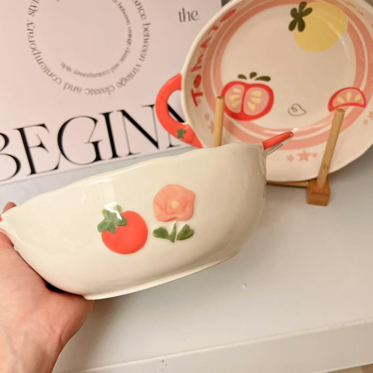 Tomato Double-Handle Ceramic Bowl | Adorable Ramen & Salad Bowl, 1050ML Large Capacity