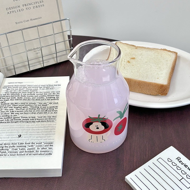 Tomato Puppy Large Glass Pitcher with Straw – 600ml Glass Cup